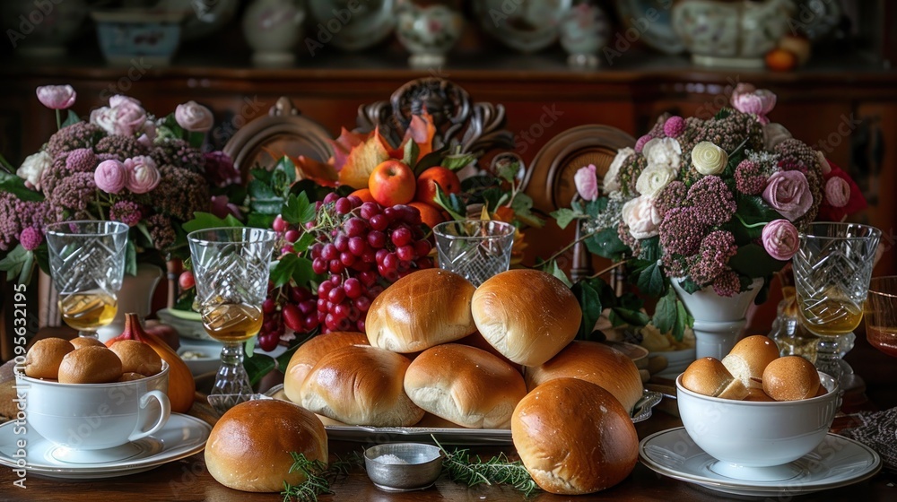 Fototapeta premium A beautifully arranged table featuring bread, fruit, and floral centerpieces.