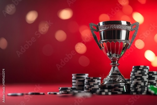 Silver trophy with poker chips on red background reflecting casino nightlife photo