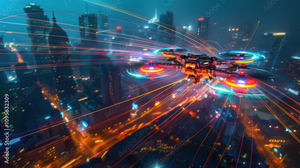 A drone flying over a vibrant cityscape at night, showcasing lights and technology. A drone flying over a vibrant cityscape at night, showcasing lights and technology.