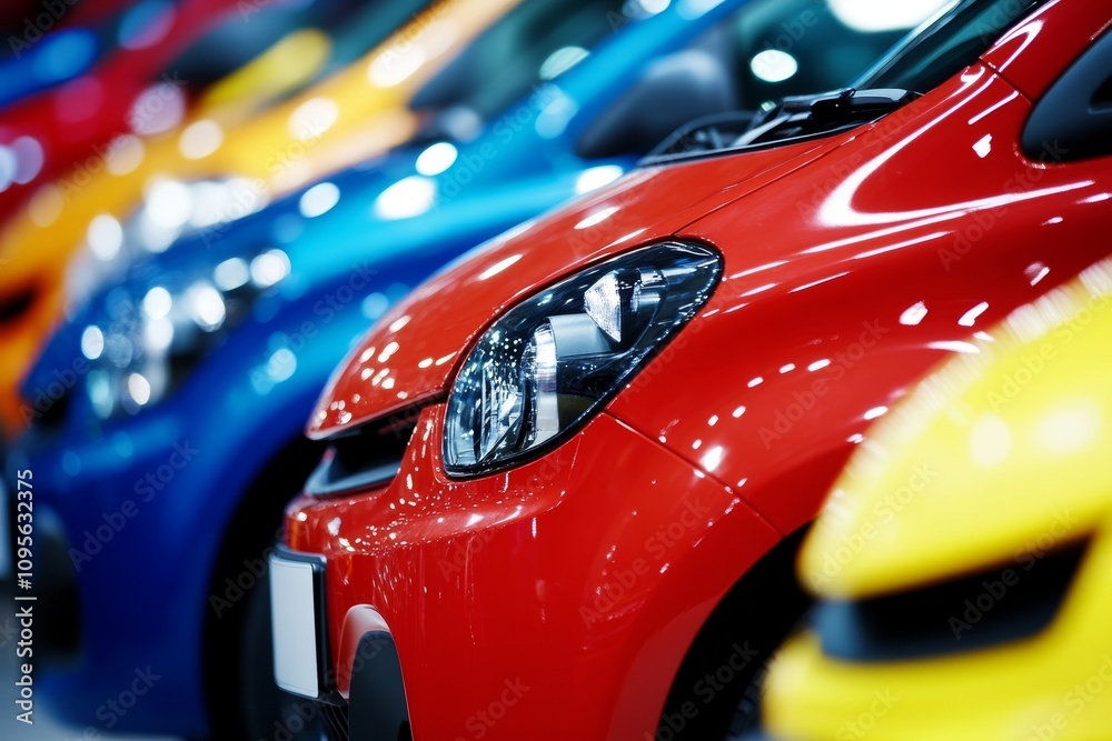 Close-up of colorful compact cars in a row displaying shiny exteriors Close-up of colorful compact cars in a row displaying shiny exteriors