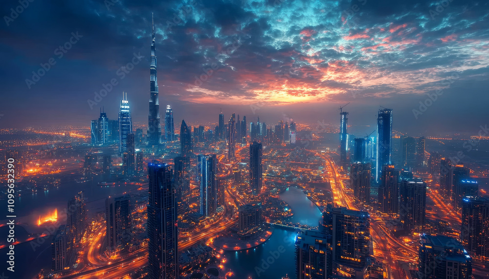 Fototapeta premium stunning cityscape showcasing vibrant skyline illuminated by city lights at dusk, featuring modern skyscrapers and dramatic sky