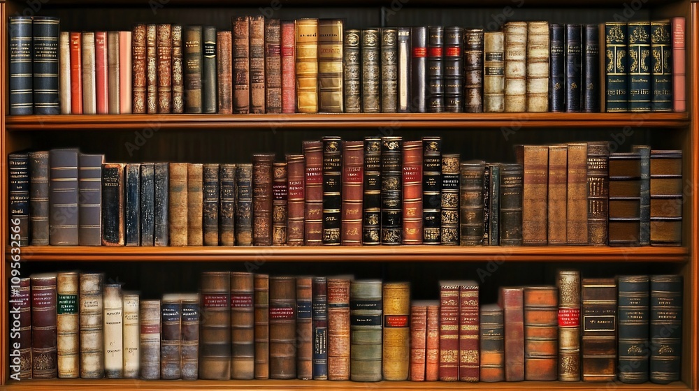 Antique books on wooden shelves. Antique books on wooden shelves.