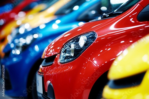 Colorful rows of compact cars with focus on shiny red vehicle in showroom