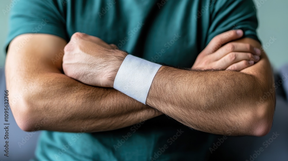 Fototapeta premium Man Wearing White Wristband, Arms Crossed, Mockup Template