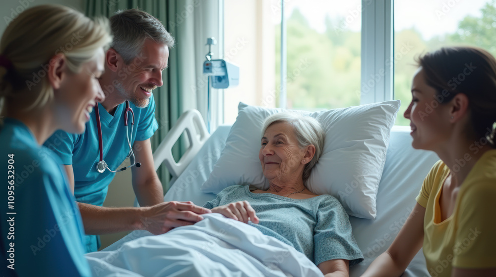 Obraz premium Patient With Family Members In A Hospital Room Receiving Medical Update