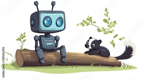 A robot and a skunk sitting on a log in a green clearing photo