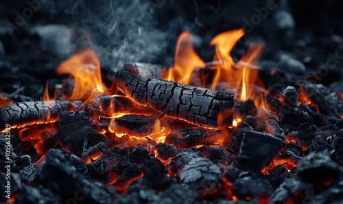 Burning embers and logs, glowing coals, smoke rising, intense heat, dark background