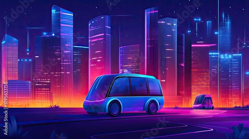 Futuristic Cityscape with Neon Lights and Autonomous Vehicles