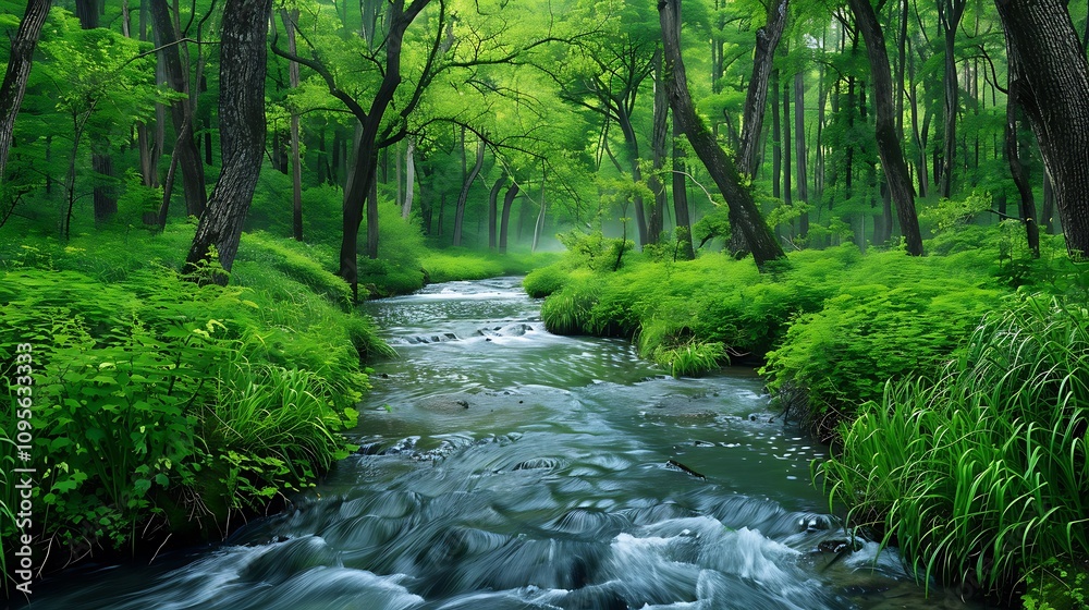 Obraz premium A Natural Stream Flowing Through a Lush Forest, Captured as a Mobile Screen Wallpaper, Showcasing the Calm and Refreshing Beauty of Nature’s Waterways