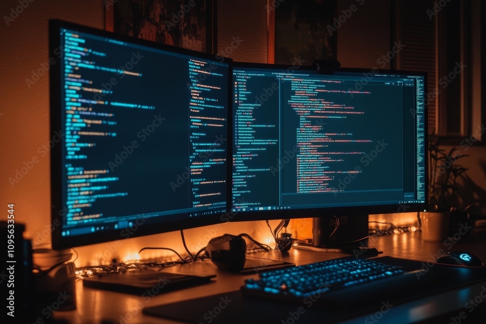 Dual monitors displaying code in dimly lit home office setup Dual monitors displaying code in dimly lit home office setup