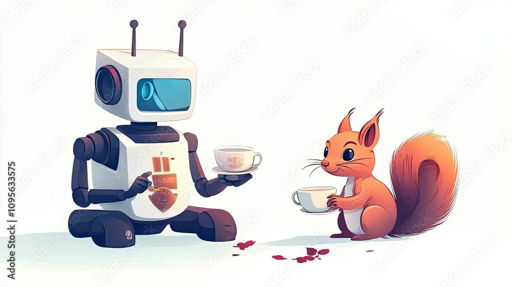 Fototapeta premium A Robot and a Squirrel Enjoying Tea Together