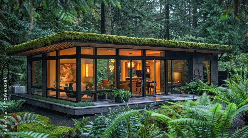 A modern cabin surrounded by lush greenery, featuring large windows and a moss-covered roof. A modern cabin surrounded by lush greenery, featuring large windows and a moss-covered roof.