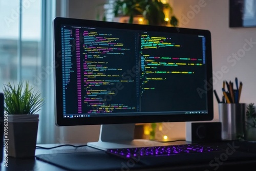 Modern workspace with computer monitor displaying colorful code