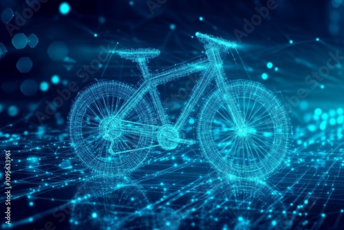 Digital blueprint of futuristic bicycle in neon blue wireframe design