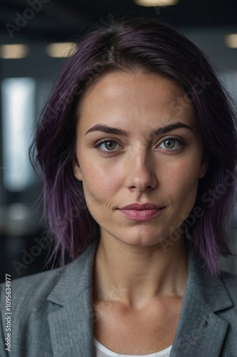 Close up cinematic portrait of dark purple haired woman in office, corporate businesswoman