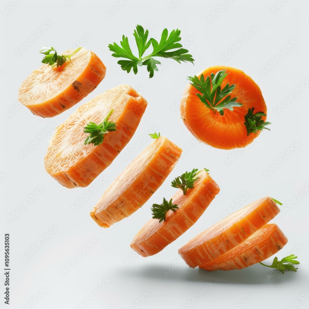 Isolated carrot slices with parsley on white background. Isolated carrot slices with parsley on white background.