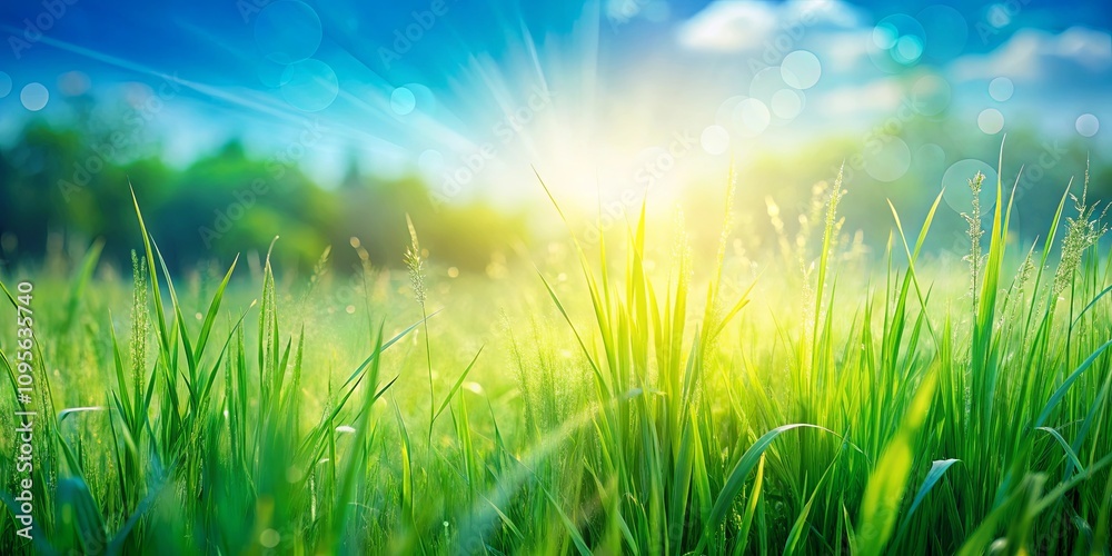 Vibrant Green Grass Field Basking in the Warm Golden Sunlight of a Serene Day