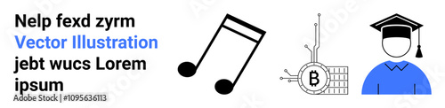 Music note, bitcoin circuit, and graduate in cap and gown. Ideal for education, technology, music, finance, cryptocurrency, academic achievement, digital currency themes. Landing page