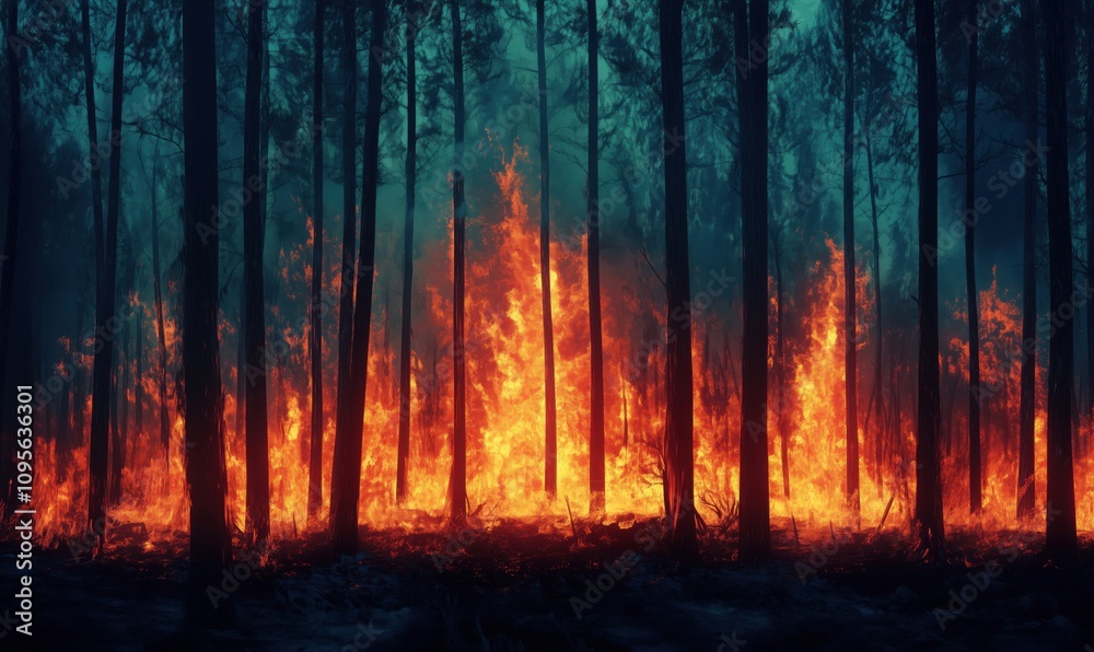 Forest fire raging through trees, intense flames engulfing landscape, smoke rising, dark atmosphere Forest fire raging through trees, intense flames engulfing landscape, smoke rising, dark atmosphere