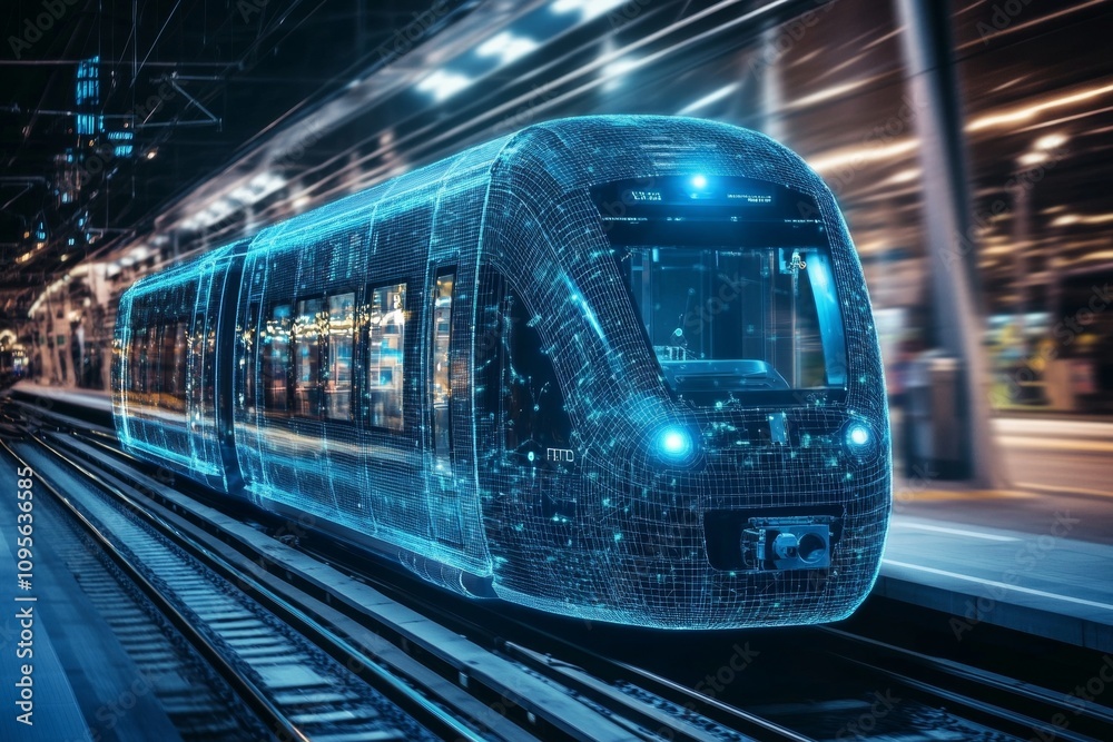 Futuristic high-speed train with digital overlay in modern station Futuristic high-speed train with digital overlay in modern station