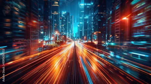 A vibrant cityscape at night showcasing light trails from vehicles in a bustling urban environment.