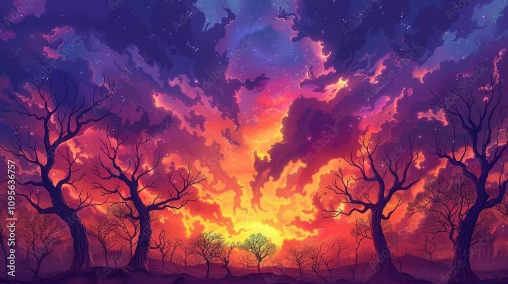 A vibrant sunset scene with silhouetted trees and dramatic clouds creating a serene atmosphere. A vibrant sunset scene with silhouetted trees and dramatic clouds creating a serene atmosphere.