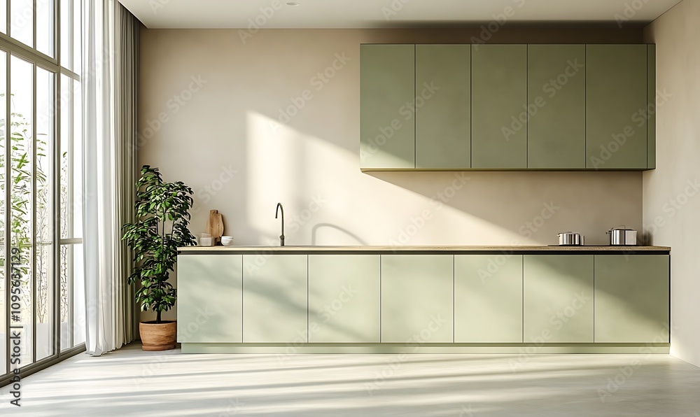 Fototapeta premium empty kitchen wall mockup with light green cabinets and beige floor, modern minimalist style interior design,