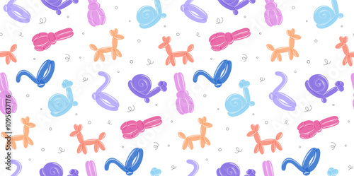 Balloons animals seamless pattern. Repeating design element for printing on fabric. Balloon toys for children. Entertainment and fun. Wallpaper and background. Flat vector illustration