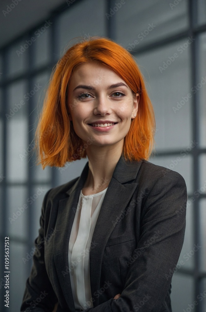 Close up cinematic portrait of orange haired woman in office, corporate businesswoman Close up cinematic portrait of orange haired woman in office, corporate businesswoman