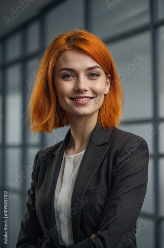 Close up cinematic portrait of orange haired woman in office, corporate businesswoman photo