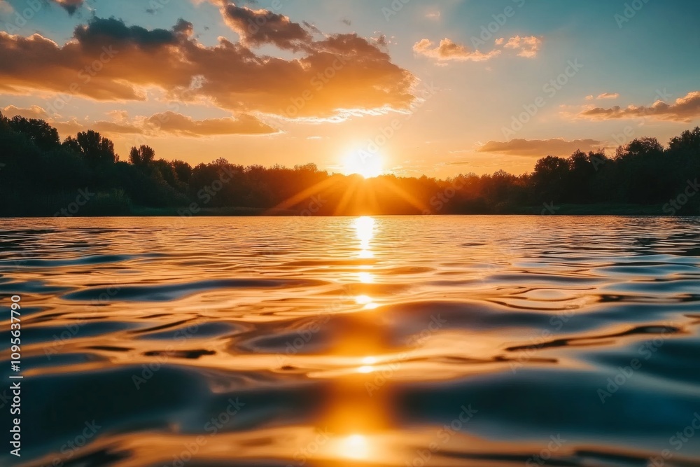 Fototapeta premium Mesmerizing sunset over calm lake reflecting vibrant sky and clouds