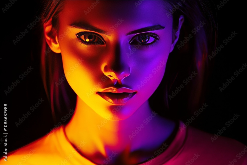 Vibrant neon portrait of young female with intense expression