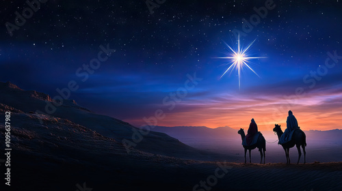 back view silhouette of two men riding camels journeying across a desert under a starry night with copy space. Shining Star or Light Rays.