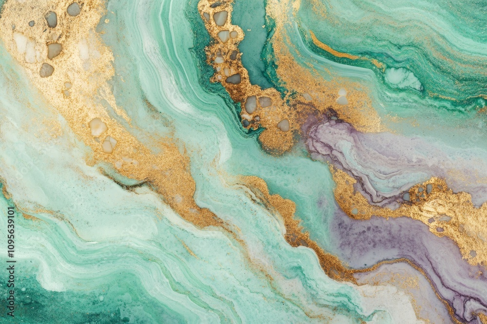 Fototapeta Abstract green and gold marble texture with swirling patterns and veins