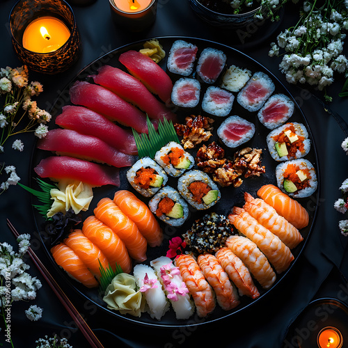 A beautifully arranged platter of sushi featuring various types, colors, and garnishes, set against a dark background with candles and flowers.