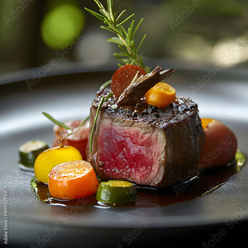 A gourmet dish featuring tender meat, colorful vegetables, and fresh herbs, elegantly plated on a dark plate, showcasing culinary artistry.