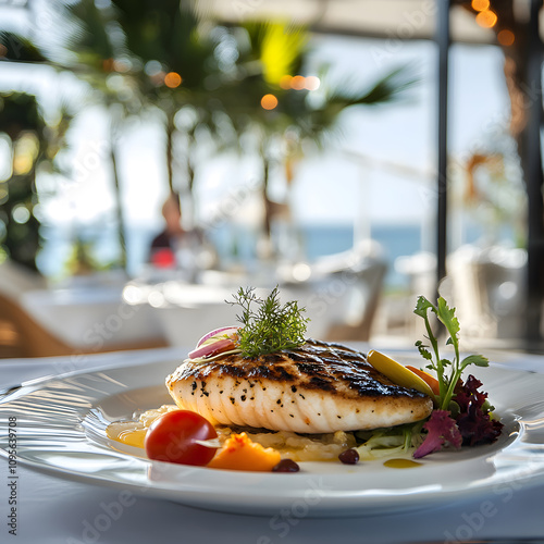 A beautifully plated fish dish garnished with fresh herbs and colorful vegetables, set against a serene, elegant dining backdrop.