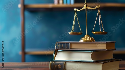 A balanced scale rests atop legal books, symbolizing justice and law. photo