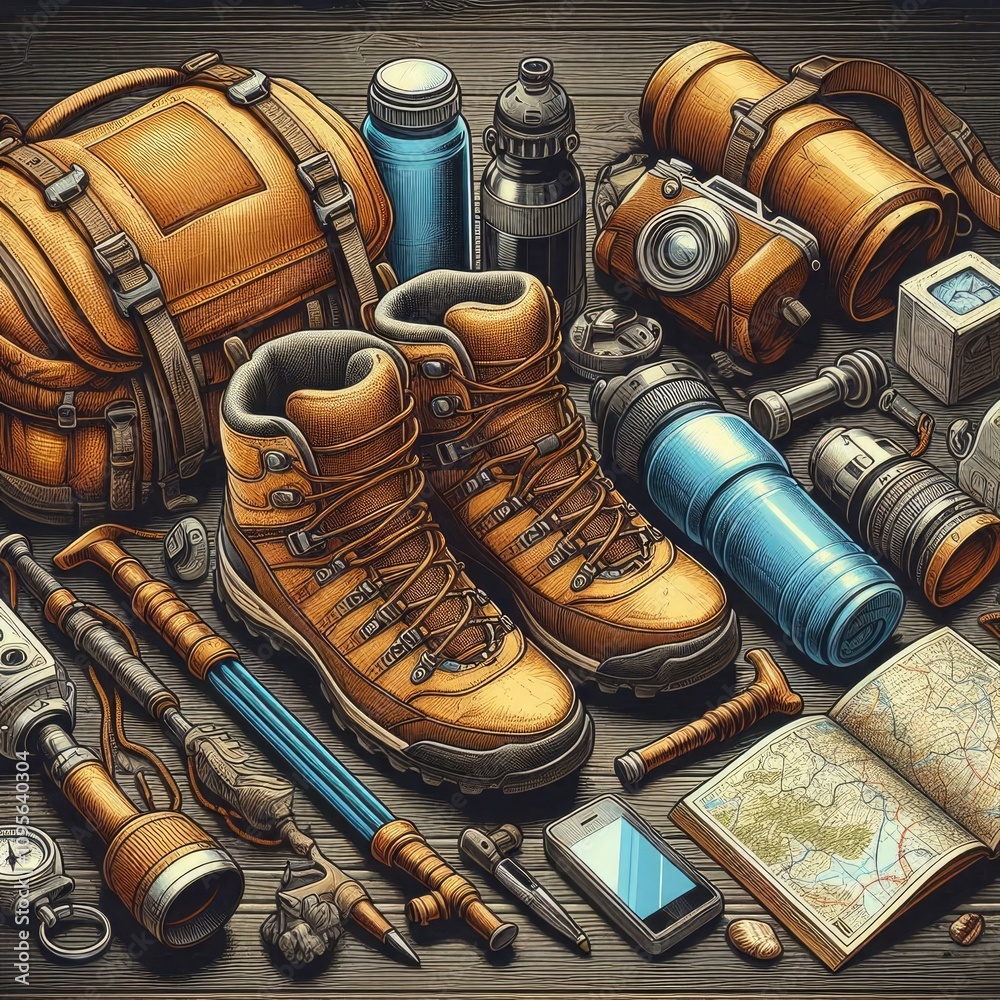 Hiking: Hiking boots, backpacks, trekking poles, water bottles, and navigation tools. Hiking: Hiking boots, backpacks, trekking poles, water bottles, and navigation tools.