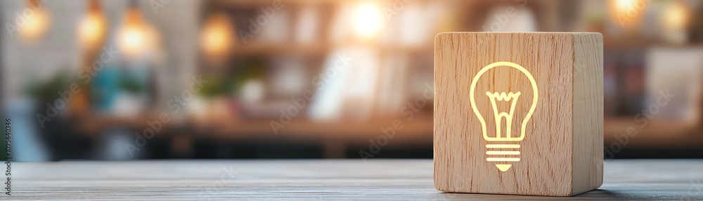 Creative workspace with wooden block featuring light bulb symbol illuminating ideas. Creative workspace with wooden block featuring light bulb symbol illuminating ideas.