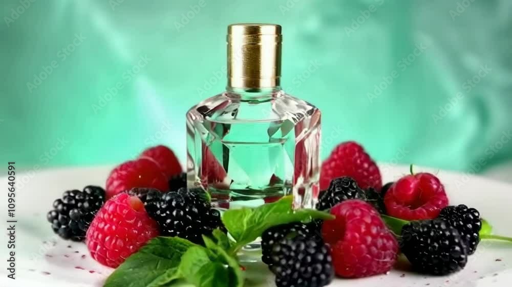 A bottle of perfume is placed on a plate with a bunch of berries. The bottle is clear and has a gold top. The berries are red and black