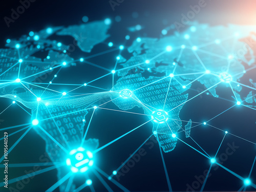 Digital representation of global connectivity highlighted with bright network connections over a world map