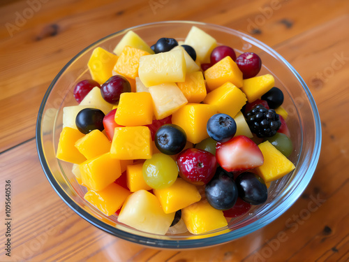 Fresh fruit salad featuring a vibrant mix of seasonal fruits in a clear bowl on a wooden table photo