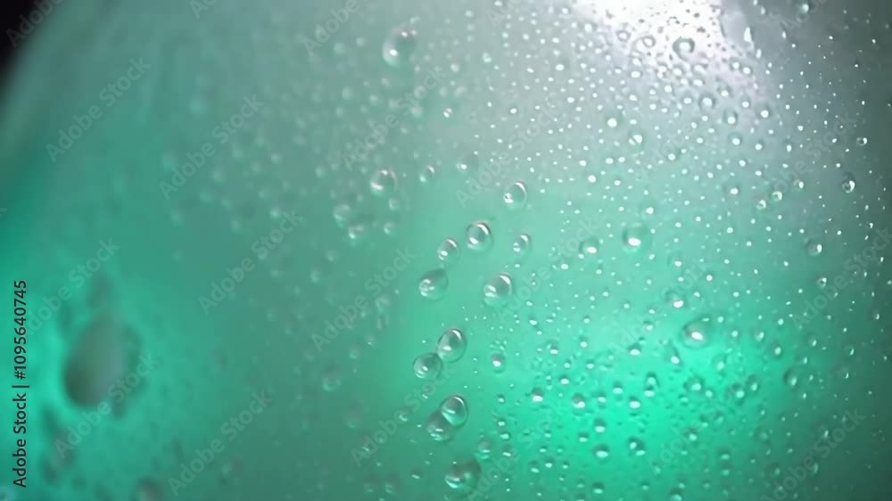 A green background with many small water droplets. The droplets are scattered all over the background, creating a sense of movement and fluidity