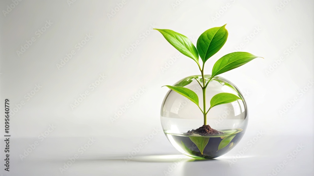 A vibrant green seedling thriving in a clear spherical glass container, symbolizing growth and environmental care. A vibrant green seedling thriving in a clear spherical glass container, symbolizing growth and environmental care.