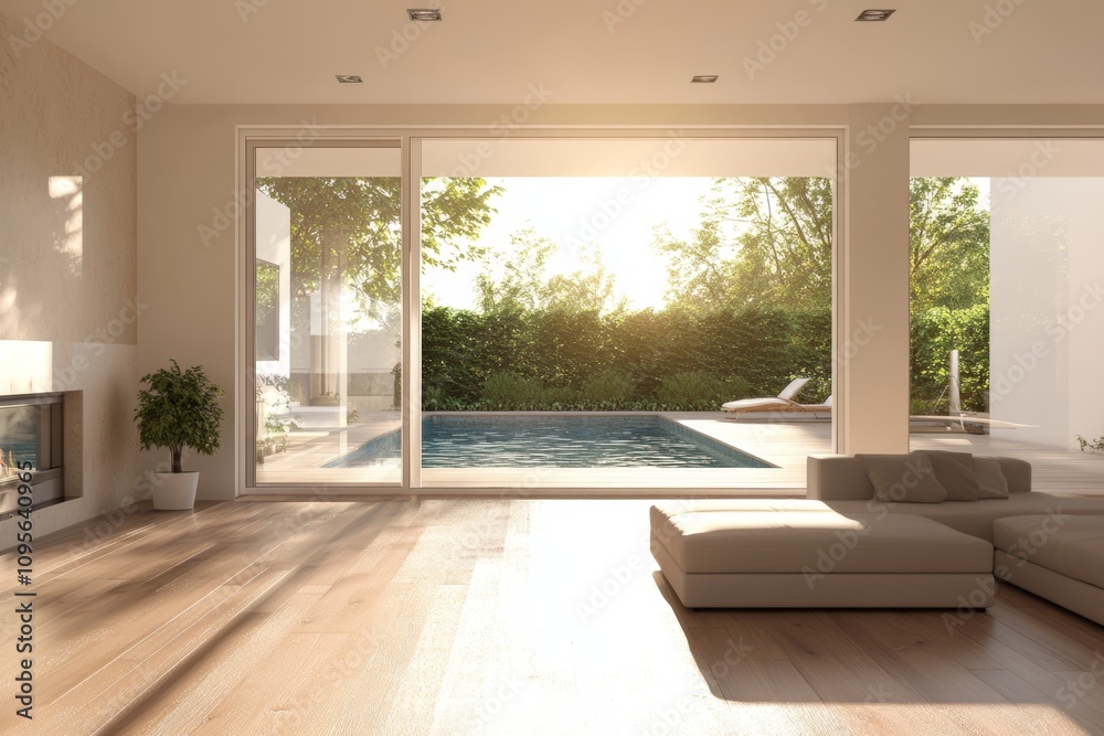 Modern minimalist living room with pool view through large windows