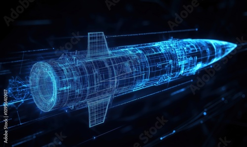 3D holographic missile design, futuristic technology representation, intricate wireframe model, glowing blue lines, digital visualization