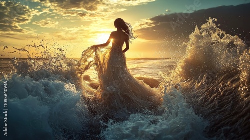 Silhouette of a woman in a flowing dress standing on the shore at sunset, waves crashing around her, capturing a moment of serenity and beauty. photo