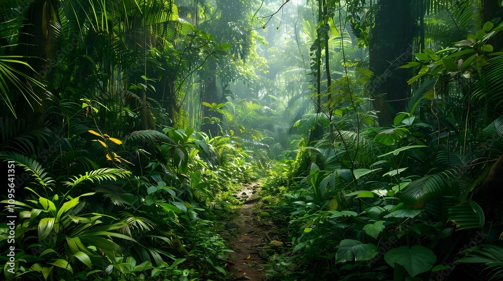 Fototapeta premium A dirt path winds through a dense, green jungle. Sunbeams pierce the canopy, illuminating the foliage.