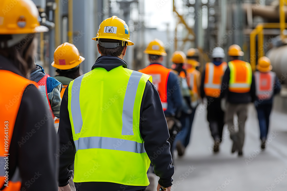 Workers wearing high-visibility vests participating in an emergency evacuation drill at an industrial plant, emphasizing safety protocols and teamwork in risk preparedness.
